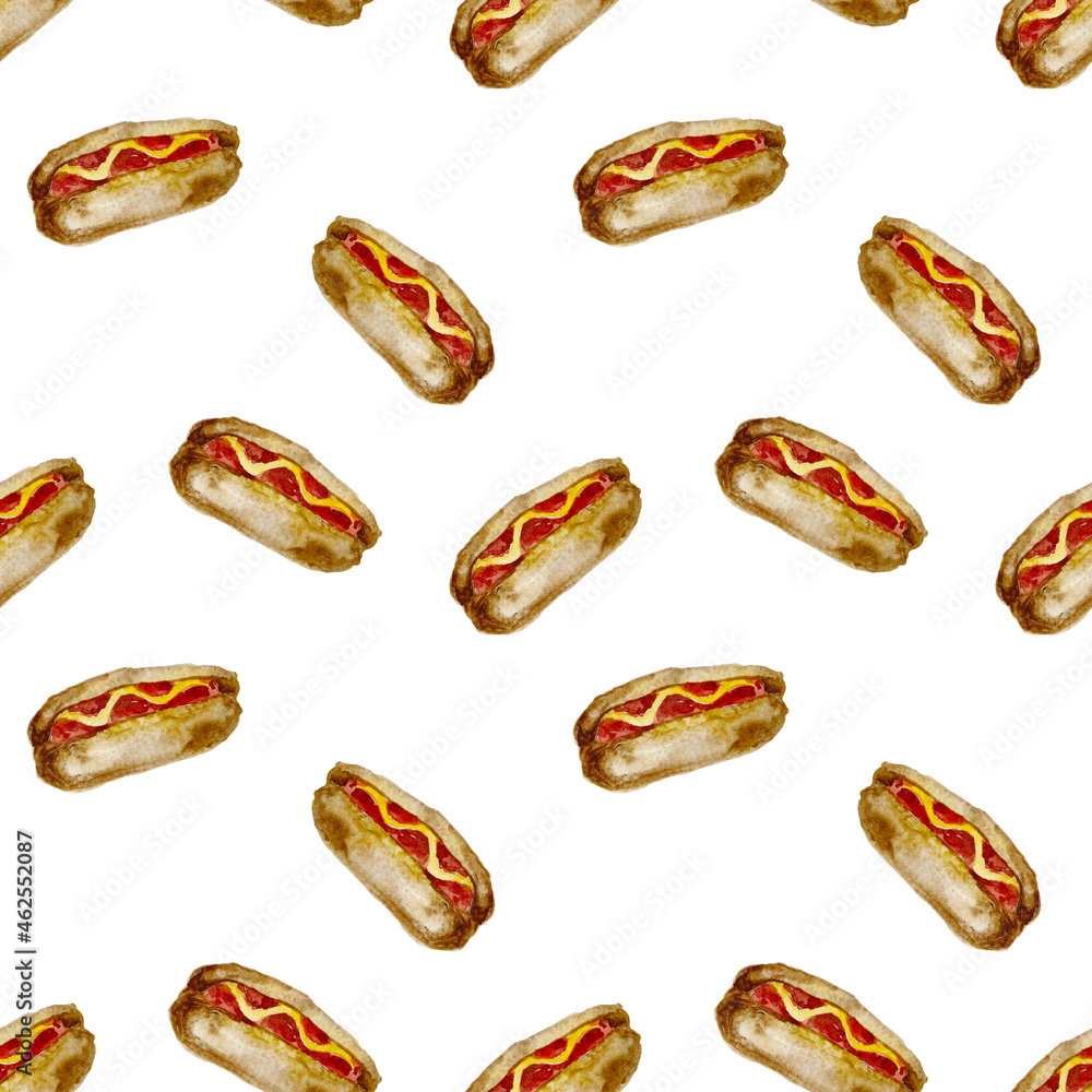Hand-drawn sketch watercolor illustration of hotdog Hand-drawn sketch watercolor illustration of hotdog