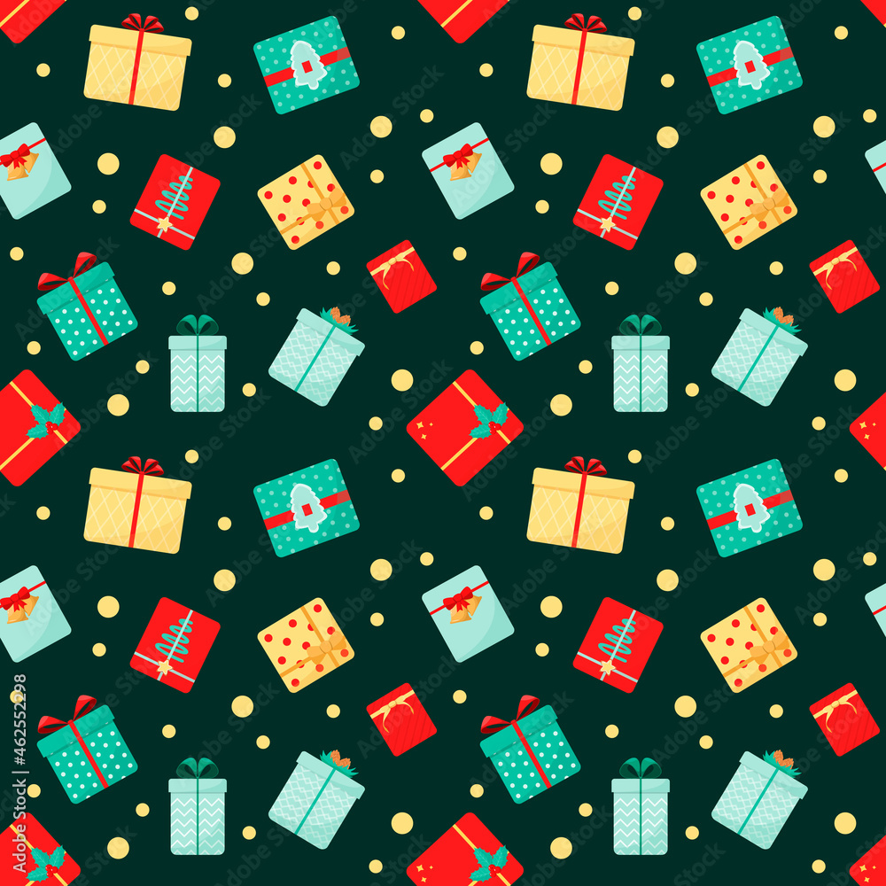 Bright festive seamless pattern with gift boxes. New Year and Christmas.