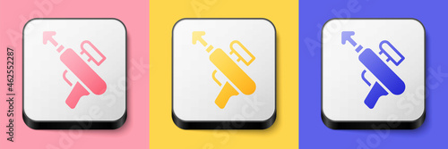 Isometric Fishing harpoon icon isolated on pink, yellow and blue background. Fishery manufacturers for catching fish under water. Diving underwater equipment. Square button. Vector
