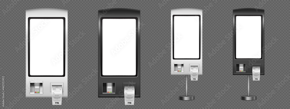 Self order kiosk realistic 3d vector mockup. Vending machines with sensor panel, receipts and pos terminal for payment. Innovative self service counter device, interactive wall or floor stands set - obrazy, fototapety, plakaty 