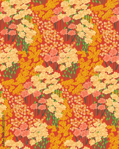 Seamless floral pattern with blooming meadow in vintage style. Abstract composition of different wild flowers in nice colors. Vector.