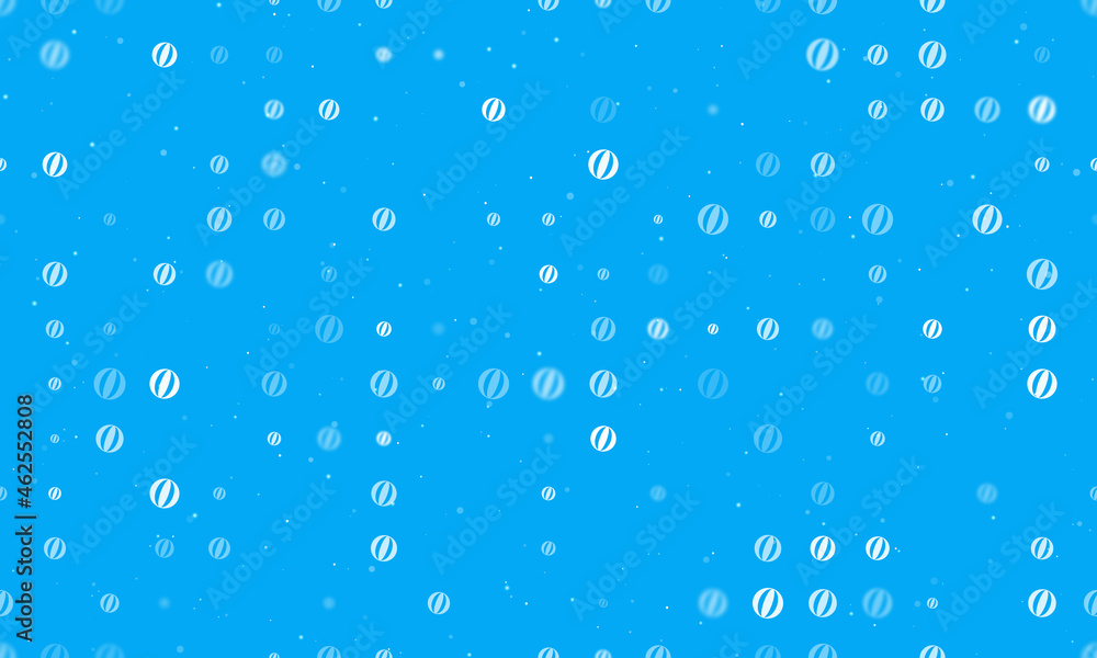 Seamless background pattern of evenly spaced white beach ball symbols of different sizes and opacity. Vector illustration on light blue background with stars