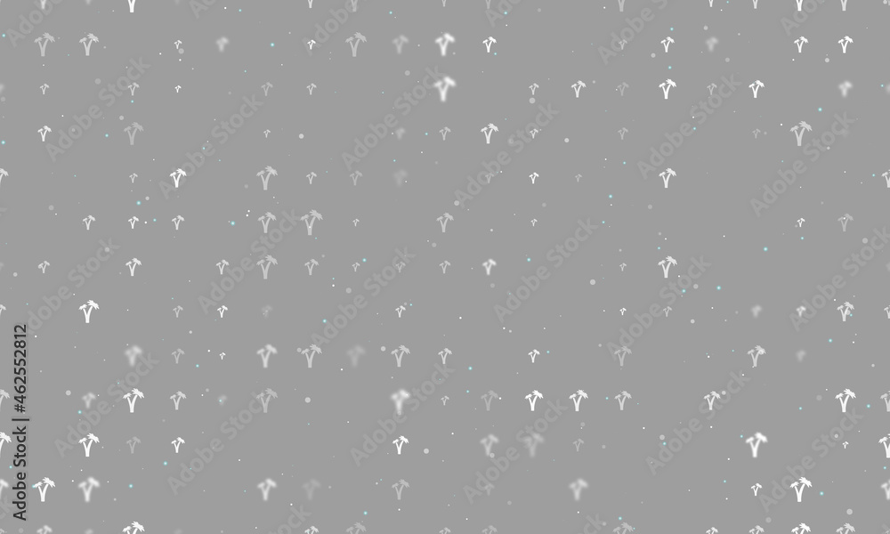 Seamless background pattern of evenly spaced white palm trees symbols of different sizes and opacity. Vector illustration on grey background with stars