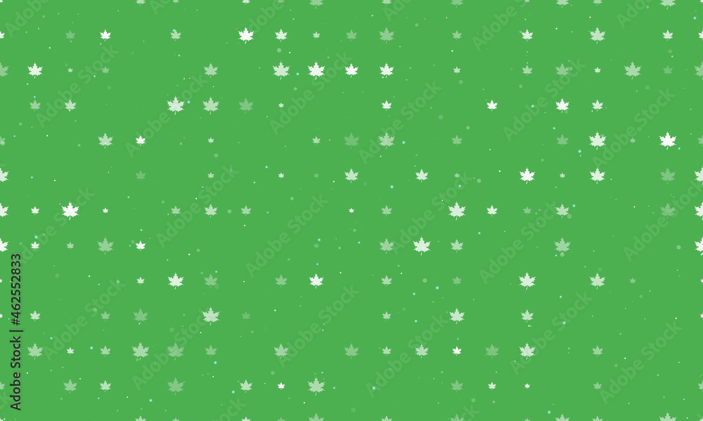 Seamless background pattern of evenly spaced white maple leafs of different sizes and opacity. Vector illustration on green background with stars Seamless background pattern of evenly spaced white maple leafs of different sizes and opacity. Vector illustration on green background with stars