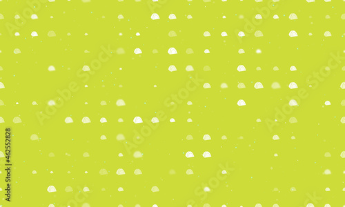 Seamless background pattern of evenly spaced white tourist tents of different sizes and opacity. Vector illustration on lime background with stars