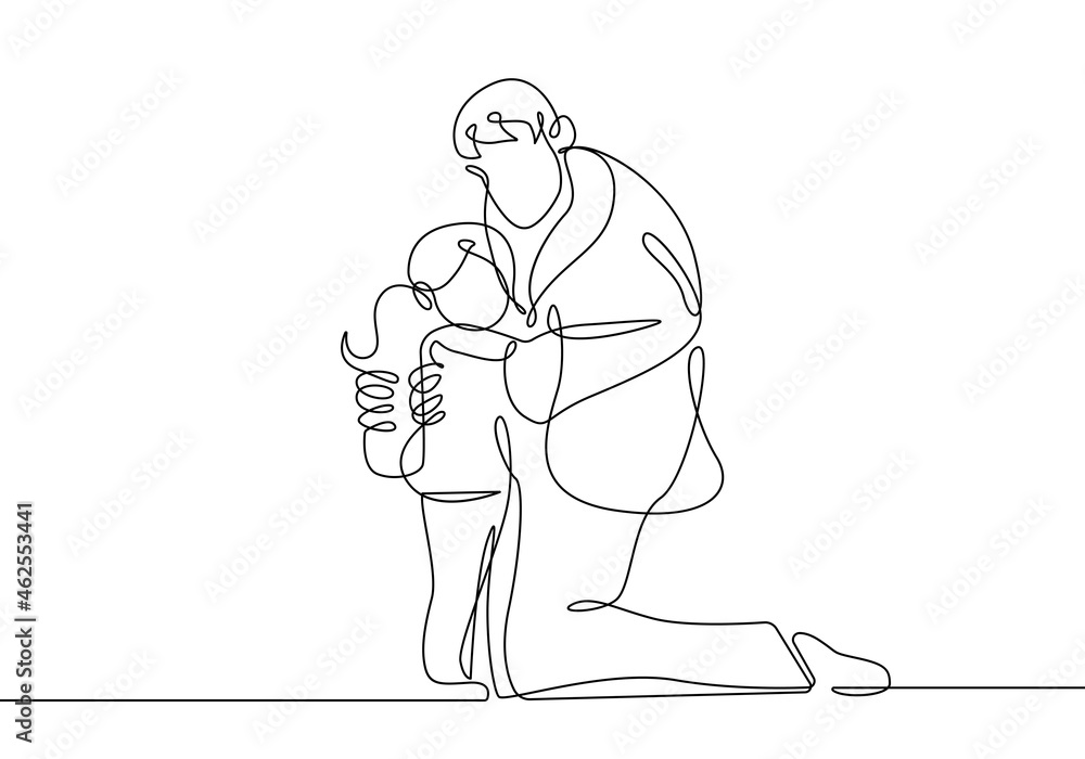 Obraz premium Father and Baby Couple Continuous Line Drawing. Happy Family Single Line Drawing. Happy Father`s Day Minimalist Contour Illustration. Vector EPS 10.