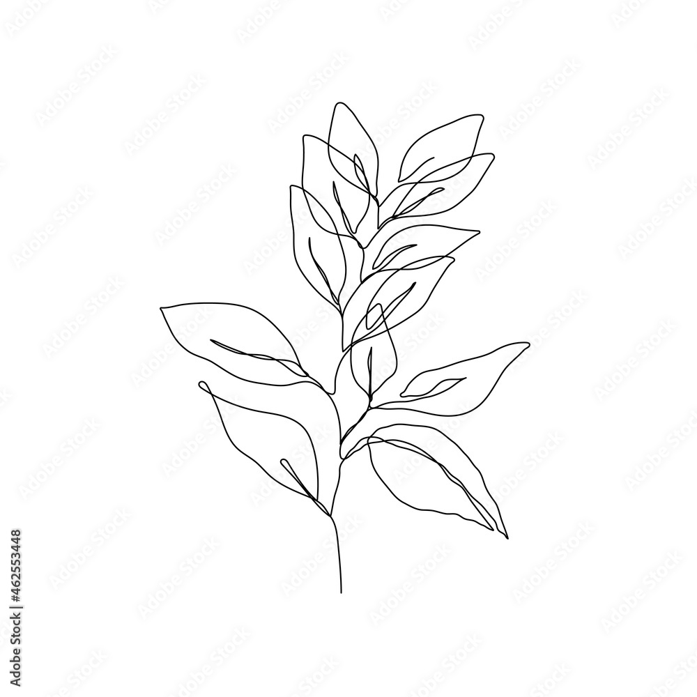 Obraz premium Botanical Line Art Drawing of Simple Leaves Branch. Minimal Abstract Floral Modern Art Illustration. Minimal Botanical Flower One Line Drawing. Vector EPS 10