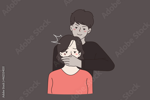 Man cover crying distressed woman face with hand. Family domestic violence and aggressive behavior. Gender sex abuse and discrimination. Beating and aggression in relationship. Vector illustration. 