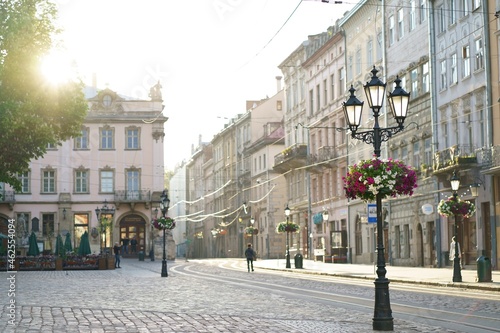 Lviv, Ukraine - June 2021: lantern on Market square in Lviv, Ukraine