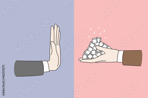Person hand say stop no to sugar. Human refuses from sweet. Ban on sweetstuff. Healthy lifestyle, bad habit, harmful product concept. Sugar free. Flat vector illustration, cartoon character.