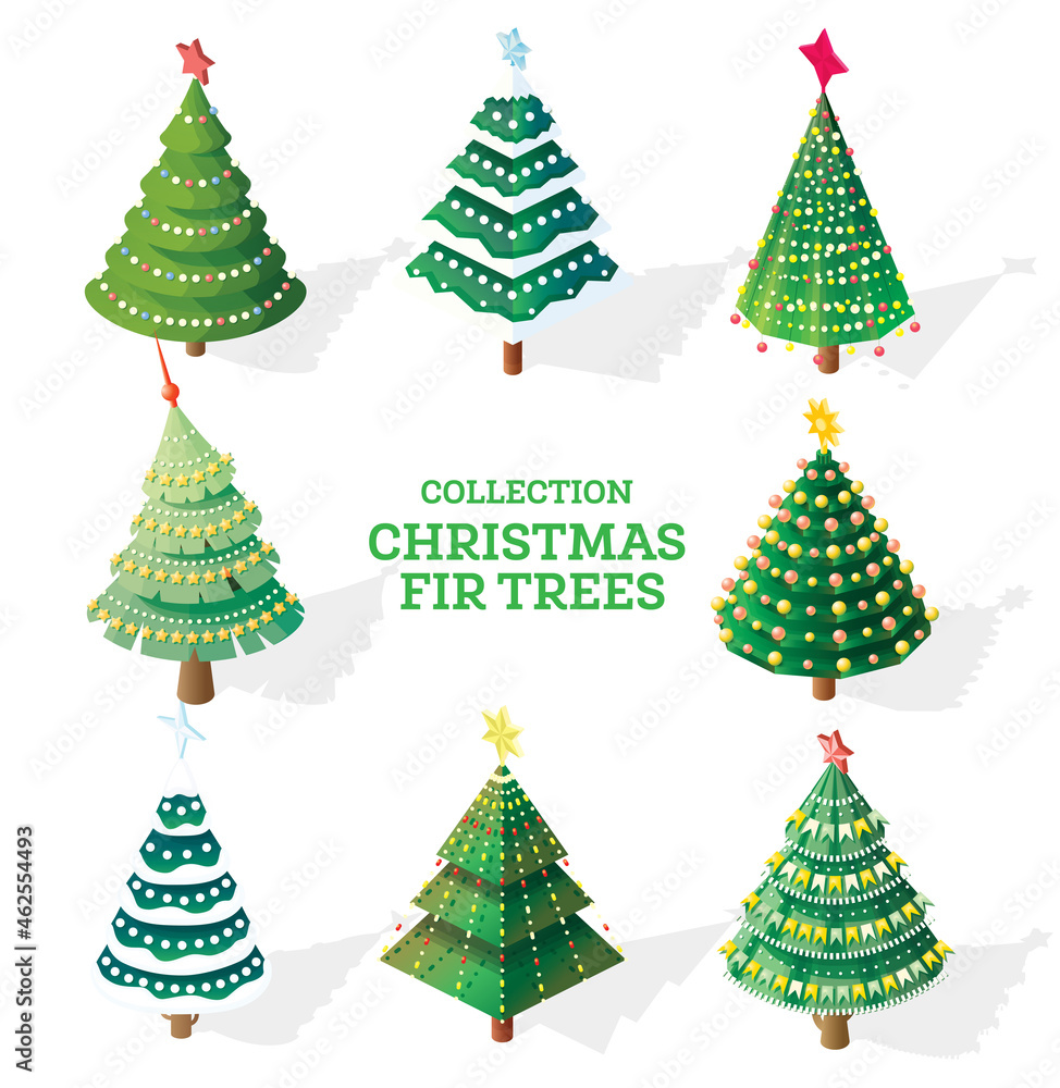 Collection of Isometric Christmas Trees with Garlands, Snow Caps, Flags and Stars.