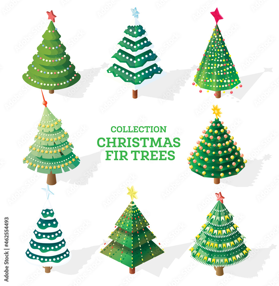 Collection of Isometric Christmas Trees with Garlands, Snow Caps, Flags and Stars. Collection of Isometric Christmas Trees with Garlands, Snow Caps, Flags and Stars.