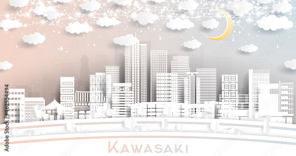 Kawasaki Japan City Skyline in Paper Cut Style with White Buildings, Moon and Neon Garland.