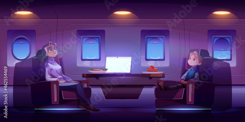 Mother with daughter travel by airplane. Passengers sitting at comfortable seats with table in first class area , woman and girl relax at night plane board, airline flight, Cartoon vector illustration
