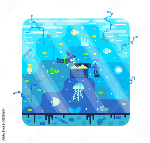 Two little scuba divers near treasure chest on the seabed. Vector cartoon illustration in flat stile.