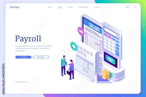 Payroll banner. Concept of salary payment to employee, paycheck, wages for work. Vector landing page with isometric illustration of people handshake, money, calculator, calendar and report