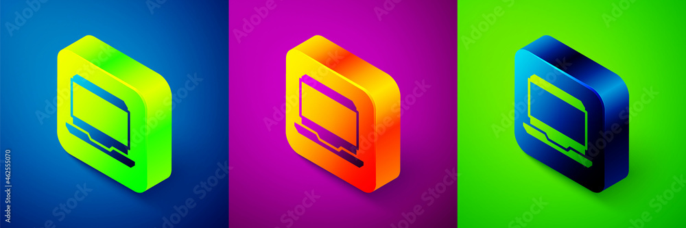 Isometric Laptop icon isolated on blue, purple and green background. Computer notebook with empty screen sign. Square button. Vector Isometric Laptop icon isolated on blue, purple and green background. Computer notebook with empty screen sign. Square button. Vector