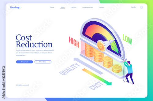 Cost reduction isometric landing page, business concept of optimization financial and marketing strategy, balance between low and high spending, price cut, quality maximization 3d vector web banner