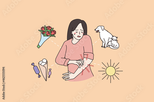 Unhappy sick woman scratch itch body suffer from seasonal allergy. Unwell girl struggle with itchy skin, inflammation. Eczema or atopic dermatitis, skincare problem concept. Vector illustration.  photo