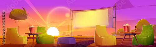 Outdoor cinema at sunset summer landscape, open air movie theater with beanbag chairs, beer, pop corn bucket on low tables front of large outdoors screen on dusk background Cartoon vector illustration