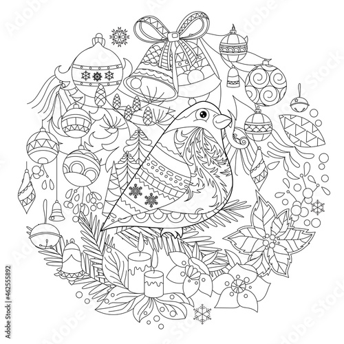 Contour linear winter illustration with bullfinch. Traditional Christmas ornament,   decoration,  anti stress picture. Line art design for adult or kids  in zen-tangle style and coloring page.