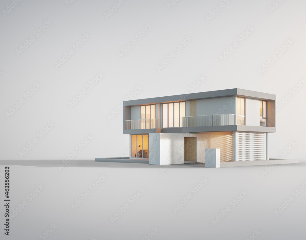 Modern house on white floor with empty wall background in real estate sale  or property investment concept. Buying new home for big family. 3d  illustration of residential building exterior. Stock Illustration |