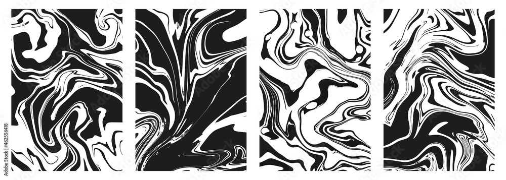 Obraz Set of abstract black marble or epoxy textures on a white background. Prints with Graphic Stylish Liquid Ink Stains. Trendy backgrounds for cover designs, invitations, case, wrapping paper.