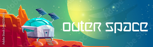Mars surface with colony building. Outer space poster with martian base. Vector banner with cartoon futuristic illustration with space station on alien red planet