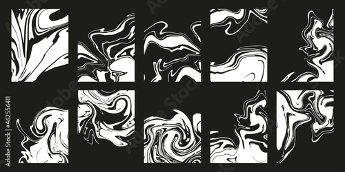 Set of abstract White marble or epoxy textures on a black background. Prints with Graphic Stylish Liquid Ink Stains. Trendy backgrounds for cover designs, invitations, case, wrapping paper.