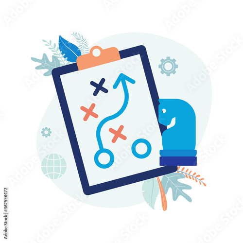 Business plan, marketing strategy illustration. Clipboard and chess knight icon. Flat vector suitable for many purposes.