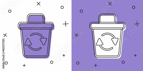 Set Recycle bin with recycle symbol icon isolated on white and purple background. Trash can icon. Garbage bin sign. Recycle basket sign. Vector