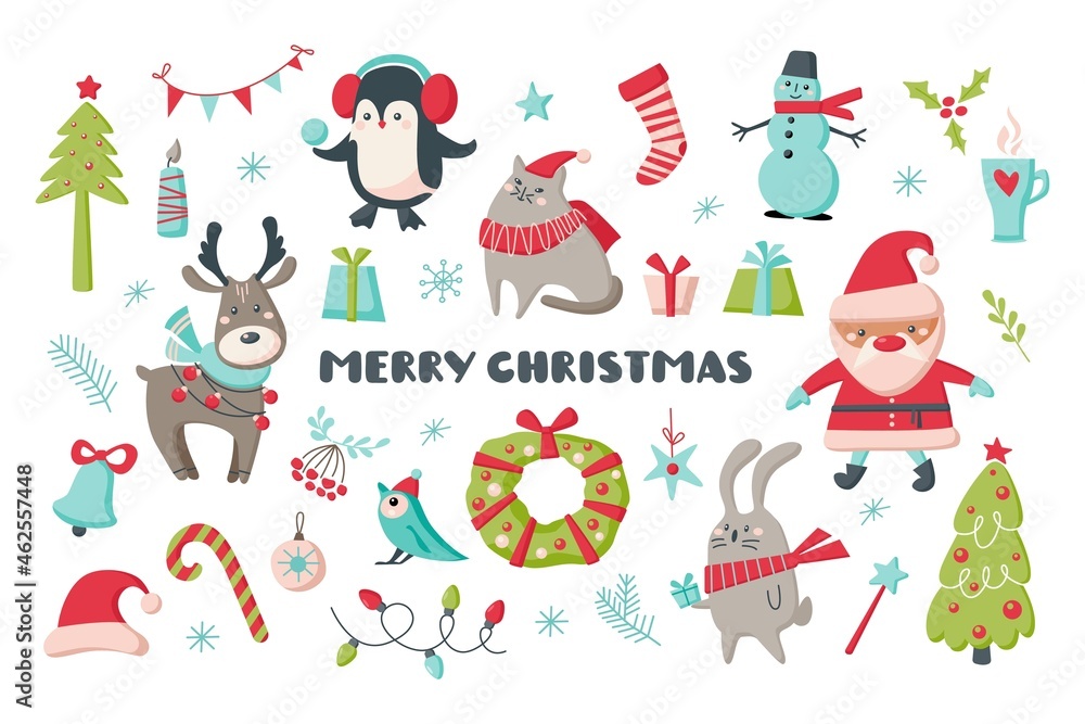 Cute Christmas set of animals, Santa, decoration isolated on white background. Vector hand drawn cartoon illustration. Design for card, banner, background, print t-shirt