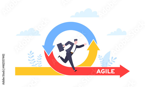 Agile development methodology business concept flat style design vector illustration isolated on white background. Agile life cycle for software development diagram. Business person run into project.