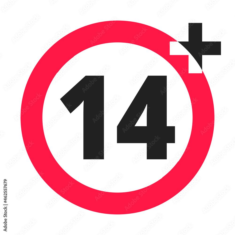 Over 14 years old plus forbidden round icon sign vector illustration. 14 plus only or older persons adult content rating isolated on white background. Over 14 years old plus forbidden round icon sign vector illustration. 14 plus only or older persons adult content rating isolated on white background.