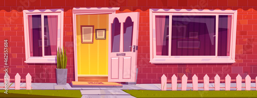 House front with red brick wall, windows, open door and plants in pot. Vector cartoon illustration of home entrance with white fence and green lawn, residential building facade