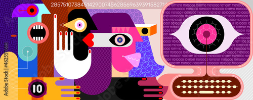 People monitored by social networks. Three people are looking at a computer screen, a large digital eye is watching them from the screen. Modern art vector illustration.