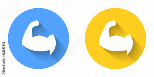 White Bodybuilder showing his muscles icon isolated with long shadow background. Fit fitness strength health hobby concept. Circle button. Vector