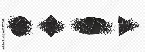 Shape explosion broken and shattered flat style design vector illustration set isolated on transparent background. Square rhombus, circle, triangle shapes in grayscale gradient exploding demolition.