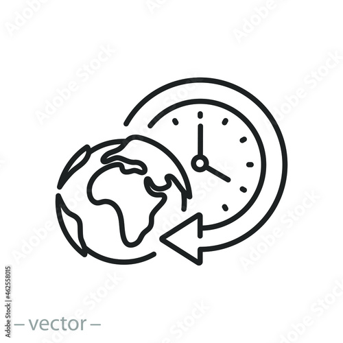 time zone icon, globe with clock, earth planet, hour delay, world timer  or watch, thin line symbol on white background - editable stroke vector illustration