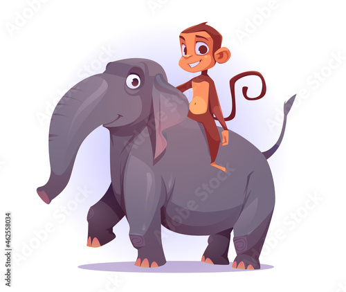 Monkey riding on elephant back, cute cartoon characters, funny ape mascot smiling, game or book personages portrait, mammal wild jungle creatures isolated on white background, Vector illustration