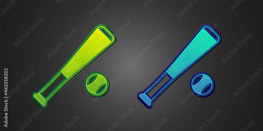 Green and blue Baseball bat with ball icon isolated on black background. Vector Green and blue Baseball bat with ball icon isolated on black background. Vector