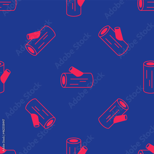 Red Wooden log icon isolated seamless pattern on blue background. Stack of firewood. Vector