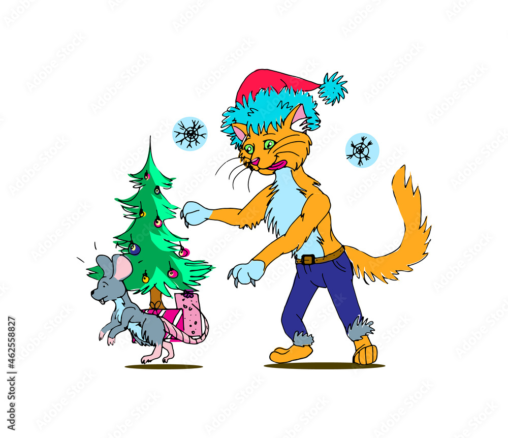 Naklejka premium Funny Christmas Card. Cat and Mouse illustration. Pest Contol concept.
