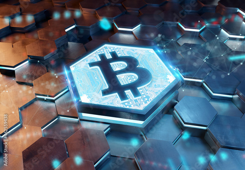 Bitcoin icon creativity concept engraved on metal hexagonal pedestral background. Crypto currency symbol glowing on abstract digital surface. 3d rendering
