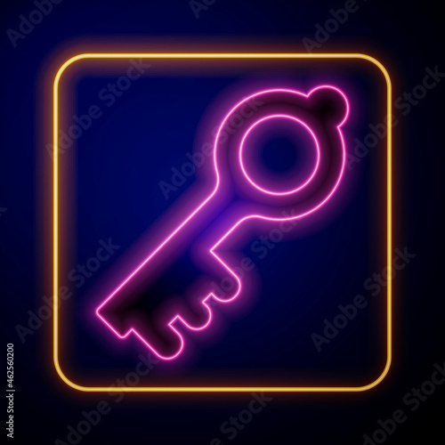 Fototapeta Naklejka Na Ścianę i Meble -  Glowing neon Old magic key icon isolated on black background. Vector