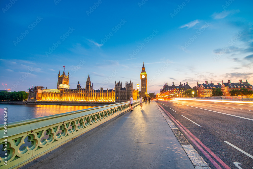 Westminster Palace and Bridge at summer night in London, UK.