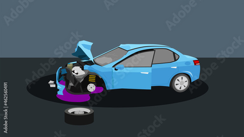 Accidents and negligence of personal cars. Force of the collision caused damage to the front of the engine and the bonnet opened. wheels fell out of the car. background image in dark gray tones.