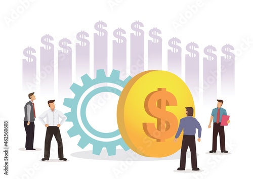 Businessmen surrounding giant coin and gear.