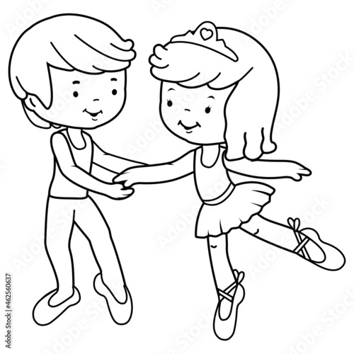 Ballet dancers, a boy and a girl dancing together. Vector black and white coloring page