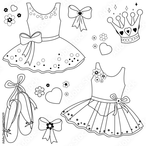 Ballet dancing dresses, ballet shoes, ribbons, crown and flowers. Vector black and white coloring page.